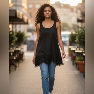 MAETTE top, black, size medium, 5" feather fringe trim along hem, scoop neckline